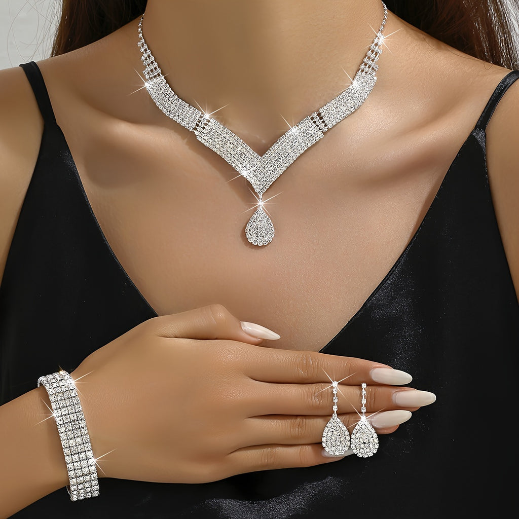 1 Necklace + 1 Pair of Earrings + 1 Bracelet Bridal Jewelry Set Banquet Accessories