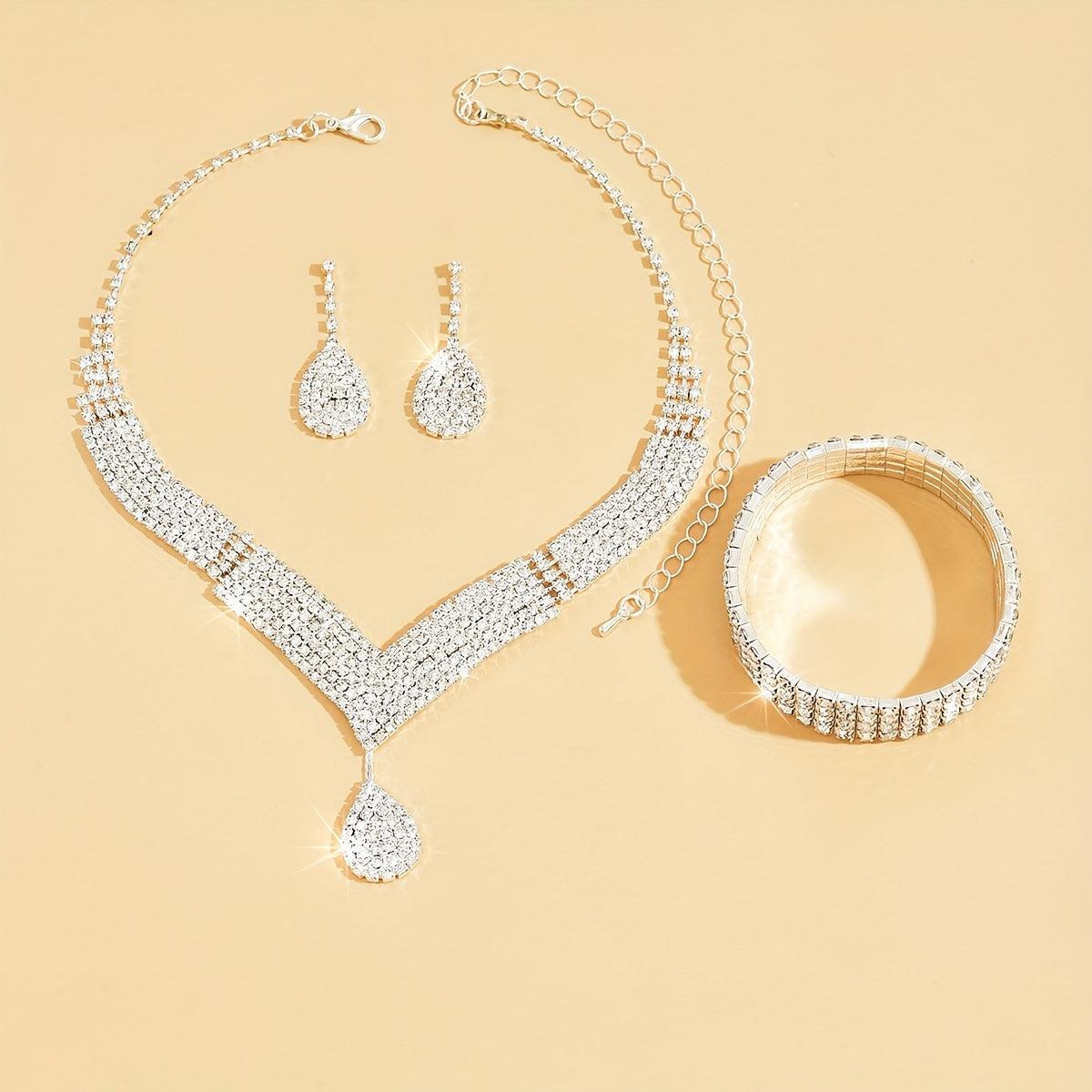 1 Necklace + 1 Pair of Earrings + 1 Bracelet Bridal Jewelry Set Banquet Accessories