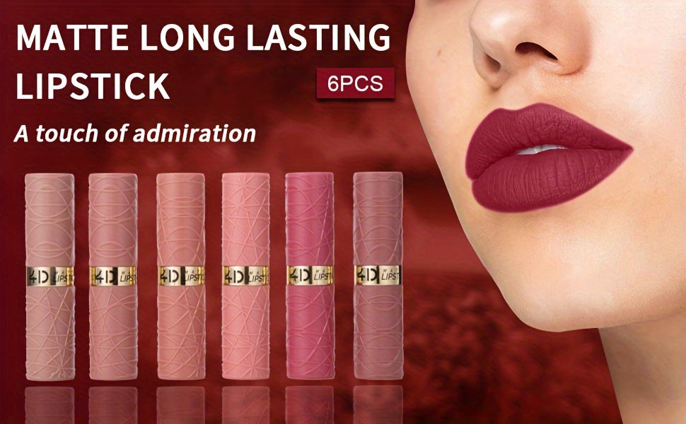 6-Piece Matte Berry Red Lipstick Set – Long-Lasting High-Pigment Lip Color for Women