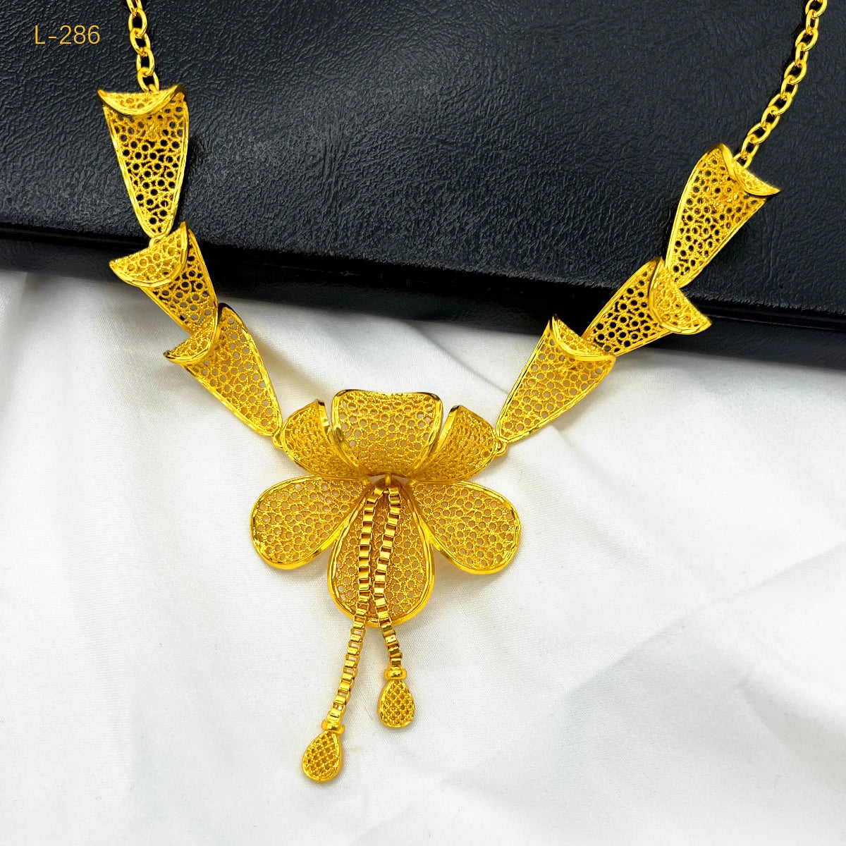 Dubai Flower Necklace & Earrings Set – 24K Gold Color Luxury Bridal Jewelry for Women