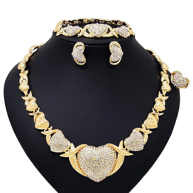 Luxury Diamond Heart Necklace & Bracelet Set – XO Love Design (18K Gold Plated)