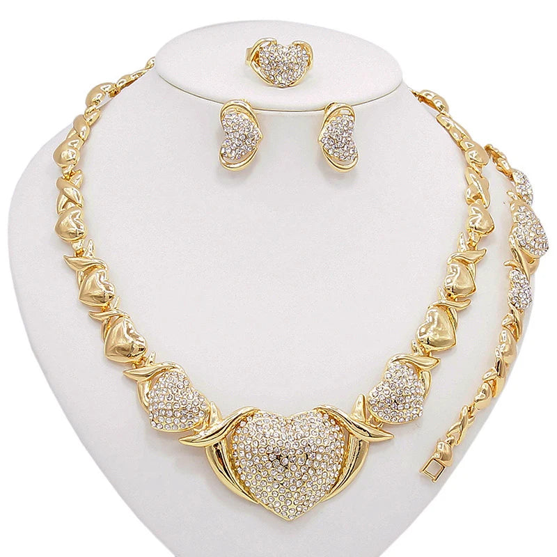 Luxury Diamond Heart Necklace & Bracelet Set – XO Love Design (18K Gold Plated)