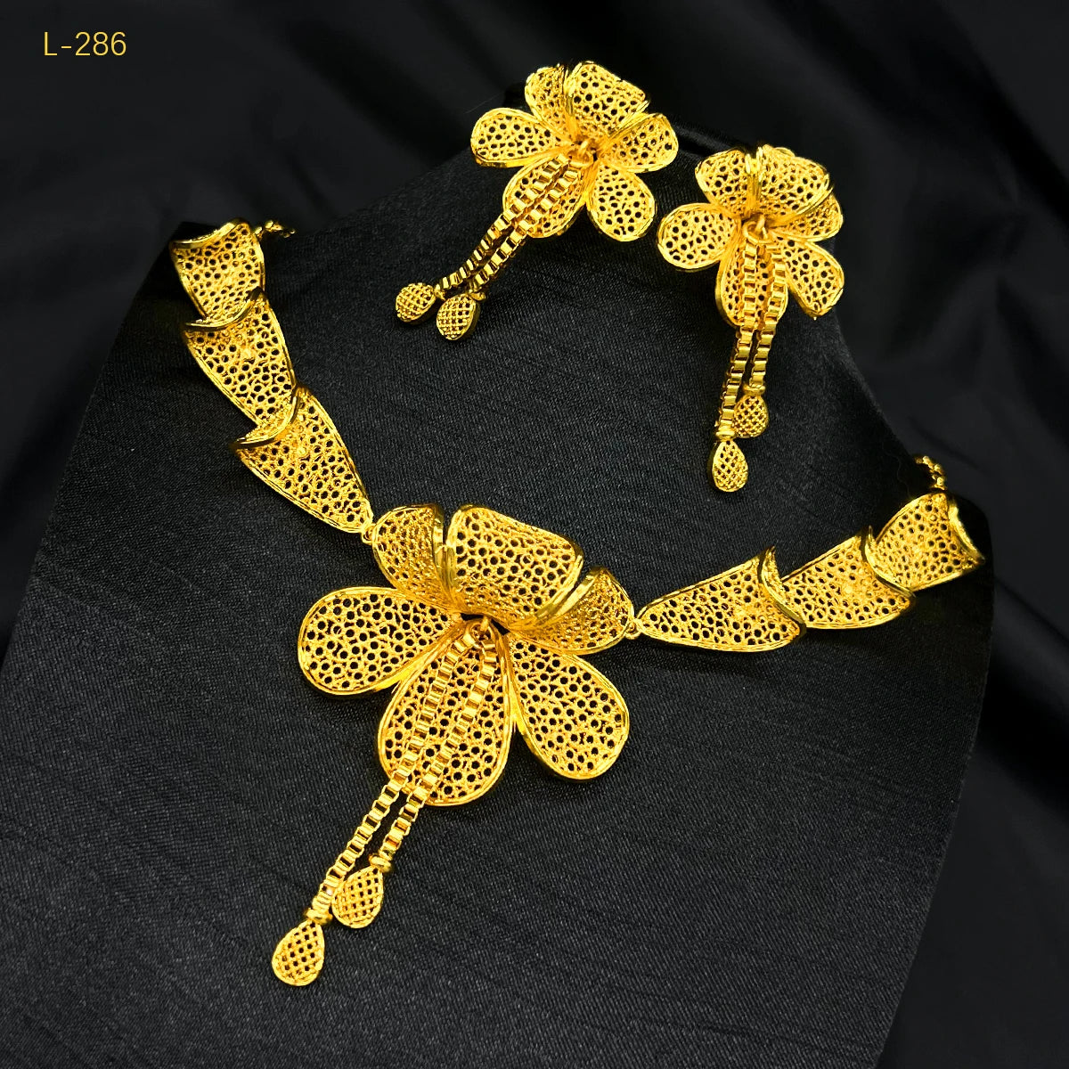 Dubai Flower Necklace & Earrings Set – 24K Gold Color Luxury Bridal Jewelry for Women