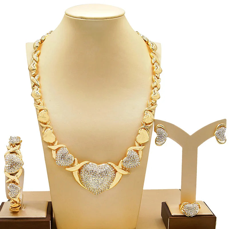 Luxury Diamond Heart Necklace & Bracelet Set – XO Love Design (18K Gold Plated)