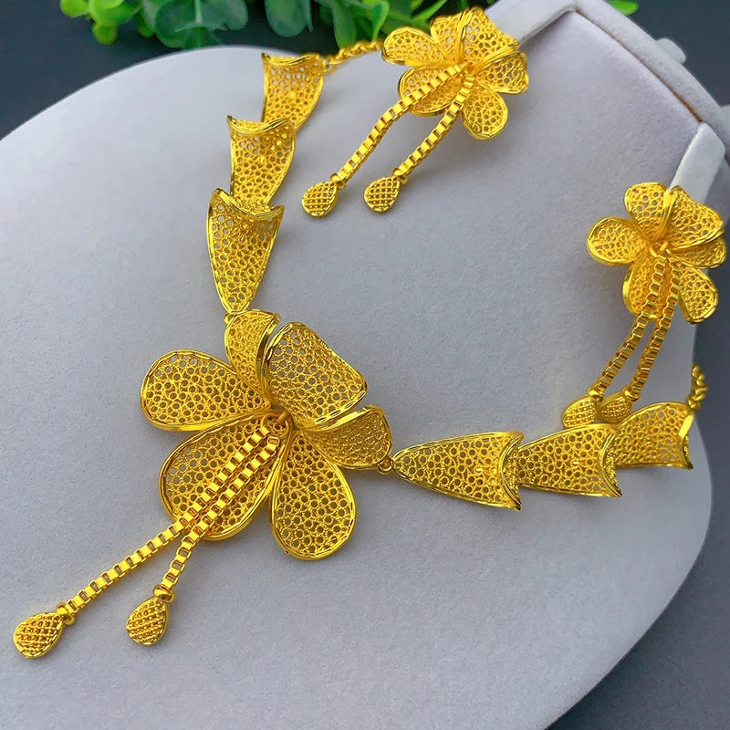 Dubai Flower Necklace & Earrings Set – 24K Gold Color Luxury Bridal Jewelry for Women
