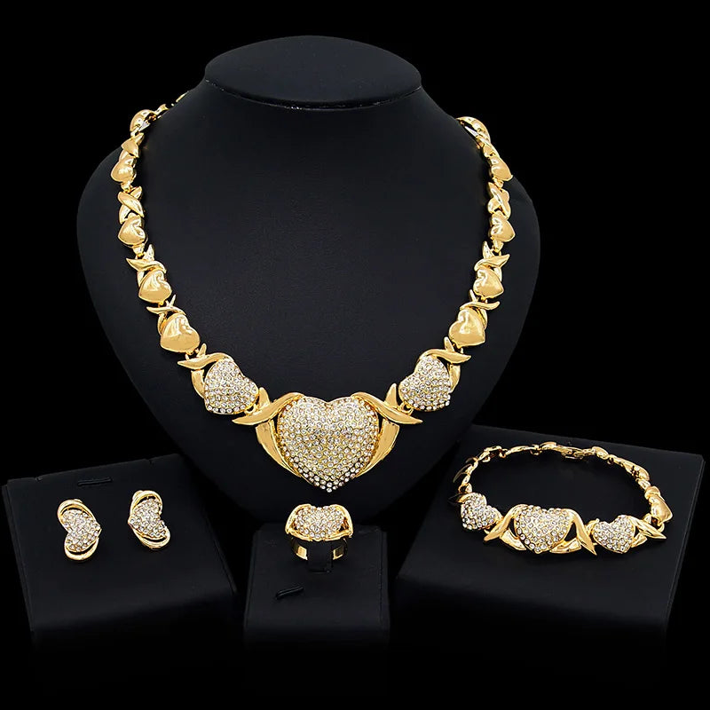 Luxury Diamond Heart Necklace & Bracelet Set – XO Love Design (18K Gold Plated)