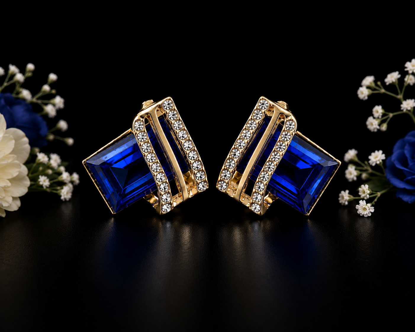 Luxury four Colors Red, Green, Black, Blue Geometric Crystal Drop Earrings for Women | Gold-Tone Statement Jewelry