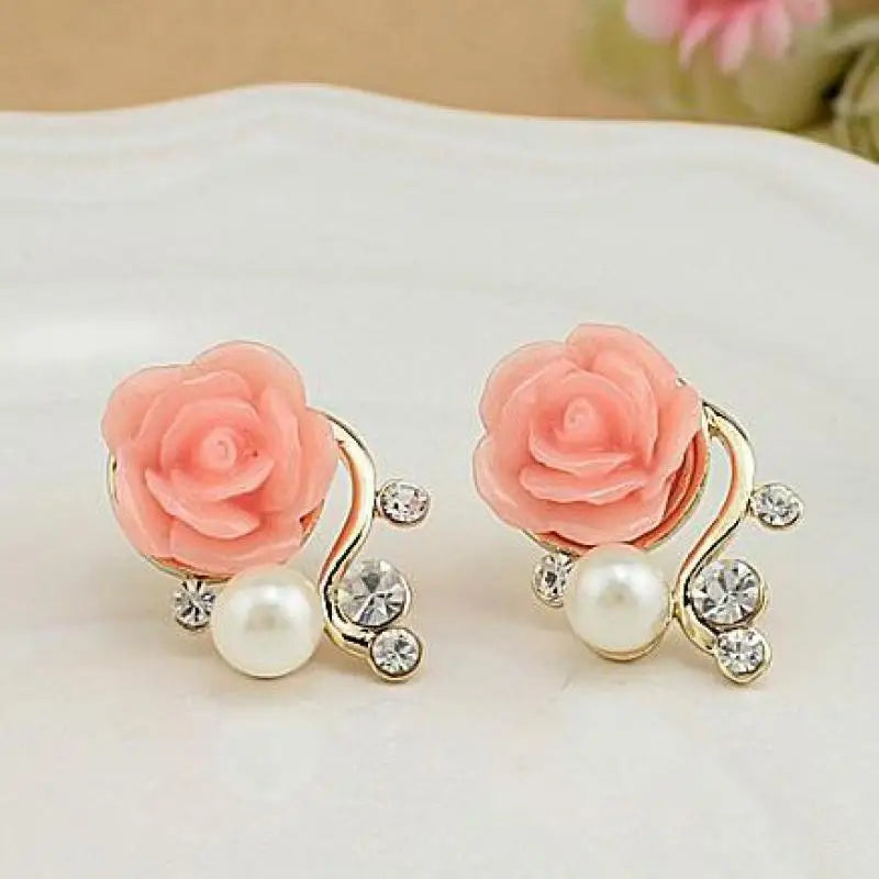 Rose Pearl Stud Earrings – Elegant Gold Floral Earrings for Women