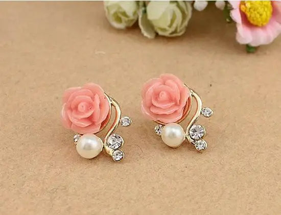 Rose Pearl Stud Earrings – Elegant Gold Floral Earrings for Women