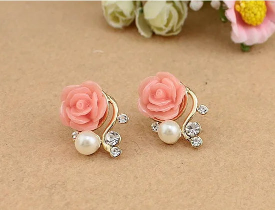 Rose Pearl Stud Earrings – Elegant Gold Floral Earrings for Women