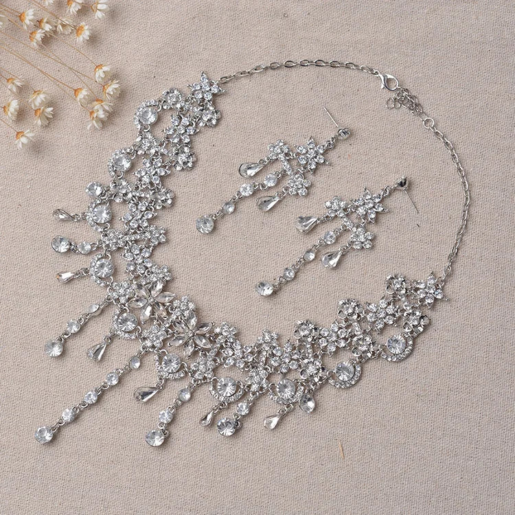 Luxury Silver-Tone Crystal Floral Bridal Necklace and Earrings Set