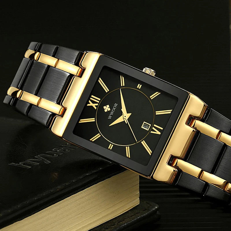 Black Gold Square Women’s Watch – Stainless Steel Waterproof Luxury Wristwatch