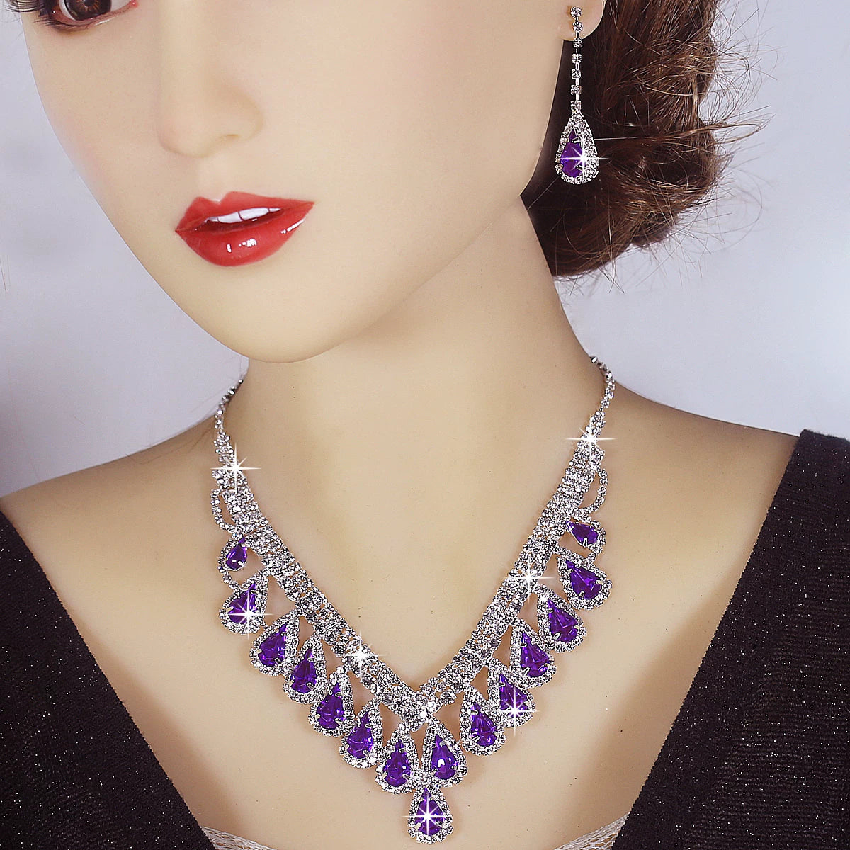 Luxury Blue Rhinestone Drop Necklace & Earrings Set – Bridal, Evening & Special Occasion Jewelry