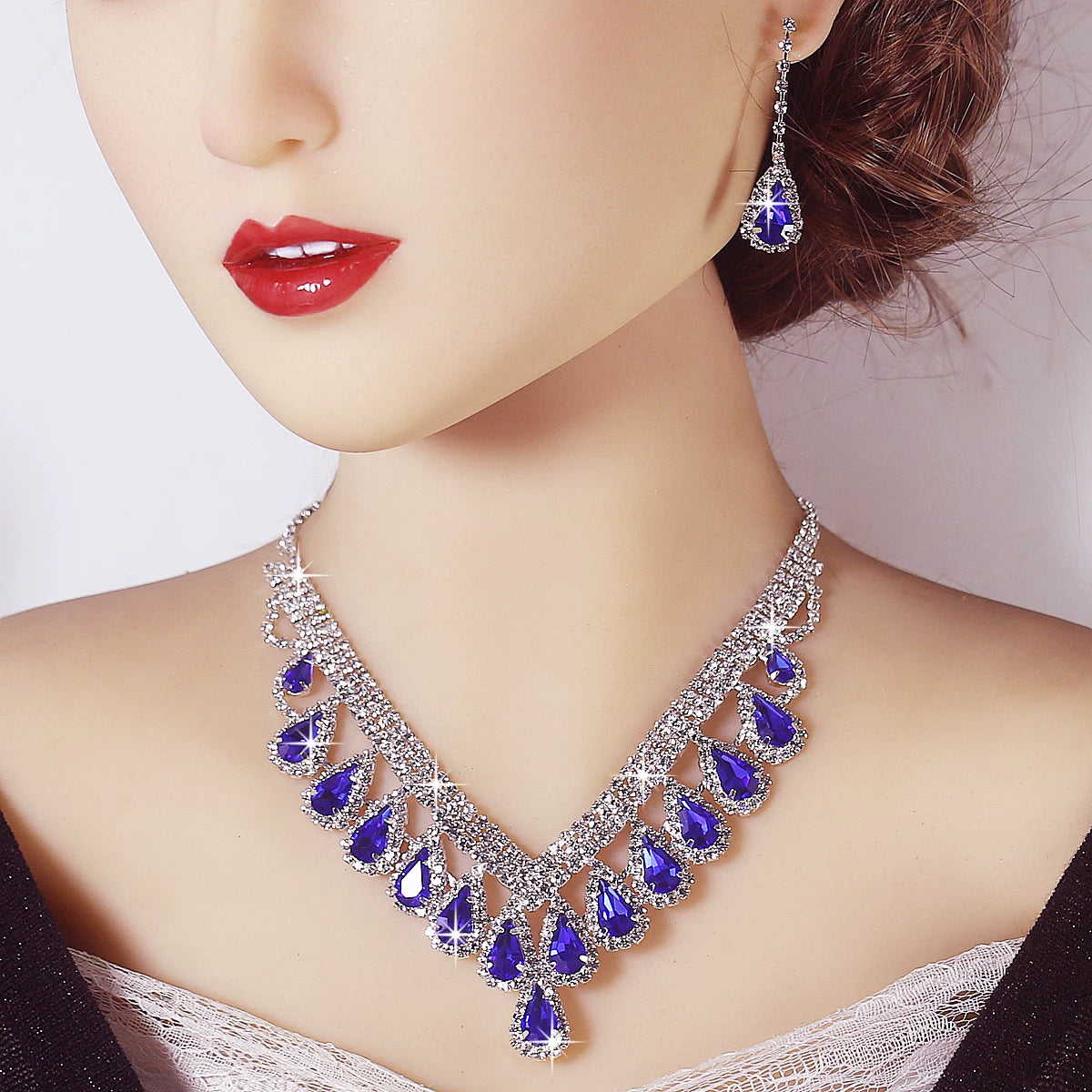 Luxury Blue Rhinestone Drop Necklace & Earrings Set – Bridal, Evening & Special Occasion Jewelry