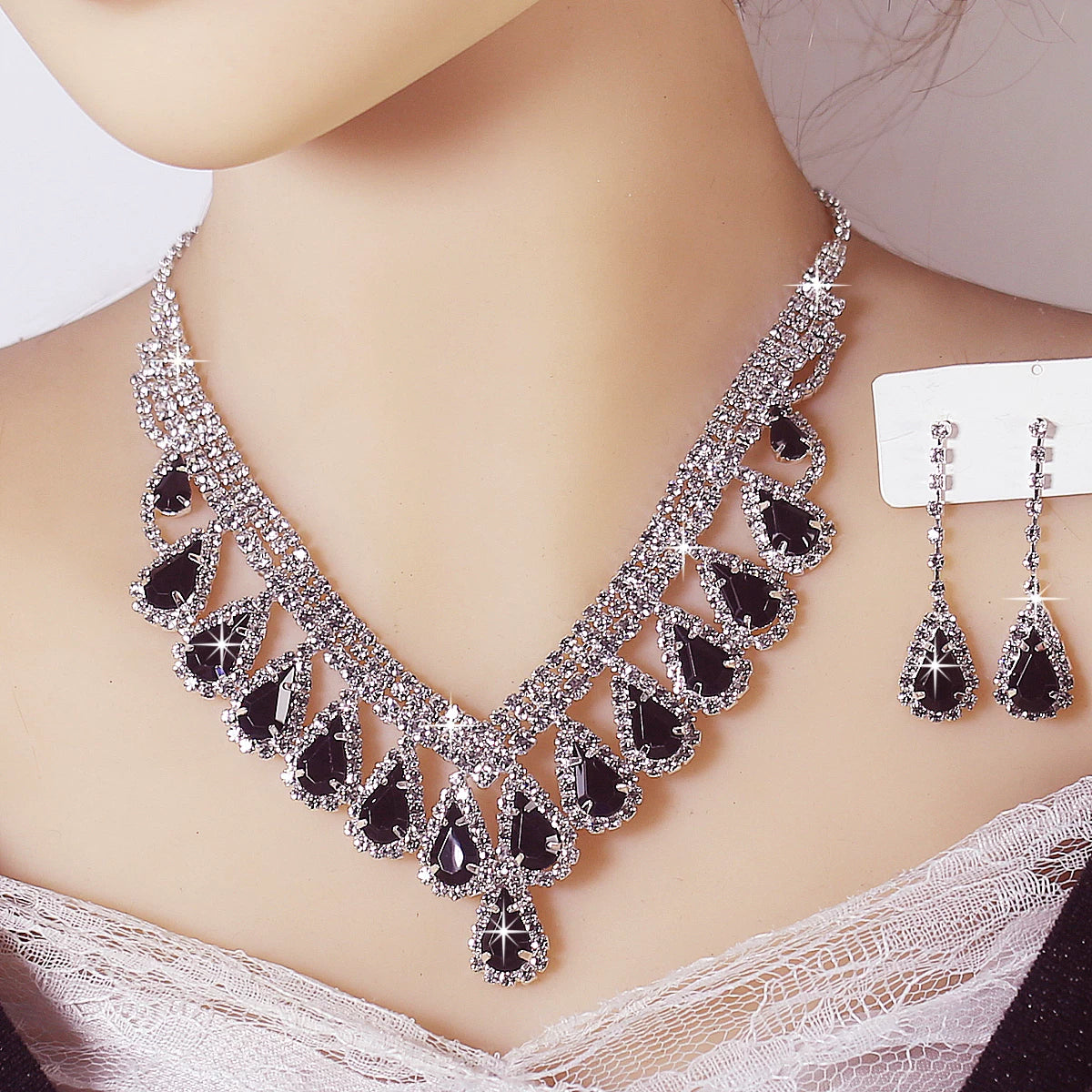 Luxury Blue Rhinestone Drop Necklace & Earrings Set – Bridal, Evening & Special Occasion Jewelry