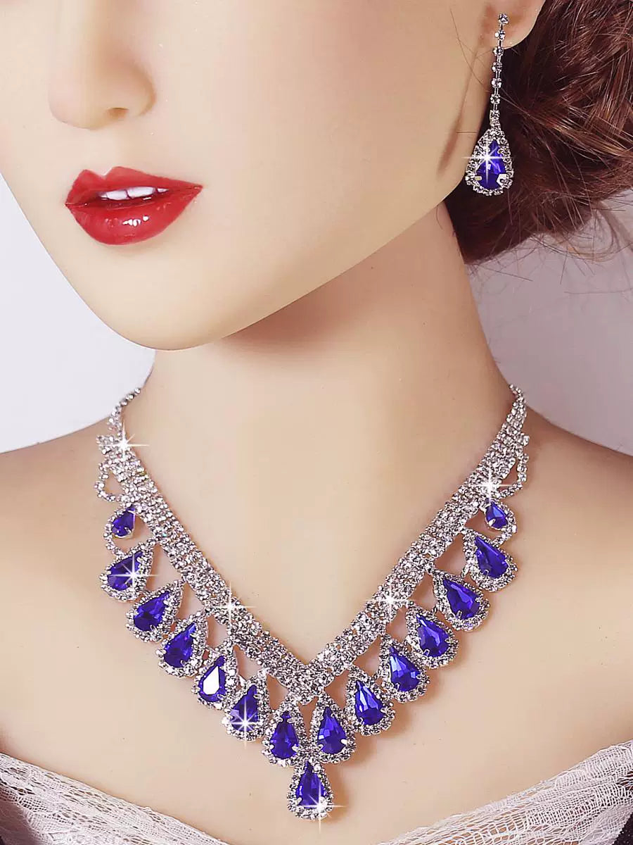 Luxury Blue Rhinestone Drop Necklace & Earrings Set – Bridal, Evening & Special Occasion Jewelry