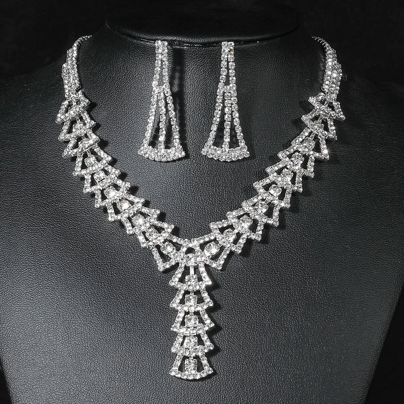 Luxury Rhinestone Necklace & Earrings Set – 2 Pieces Sparkling Jewelry Set for Women