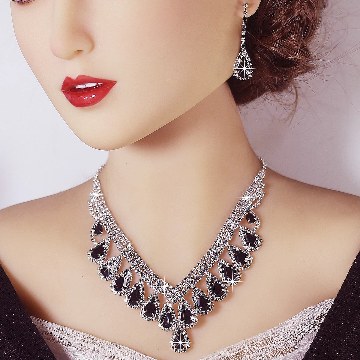 Luxury Blue Rhinestone Drop Necklace & Earrings Set – Bridal, Evening & Special Occasion Jewelry
