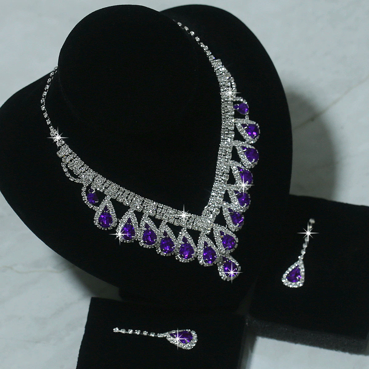 Luxury Blue Rhinestone Drop Necklace & Earrings Set – Bridal, Evening & Special Occasion Jewelry