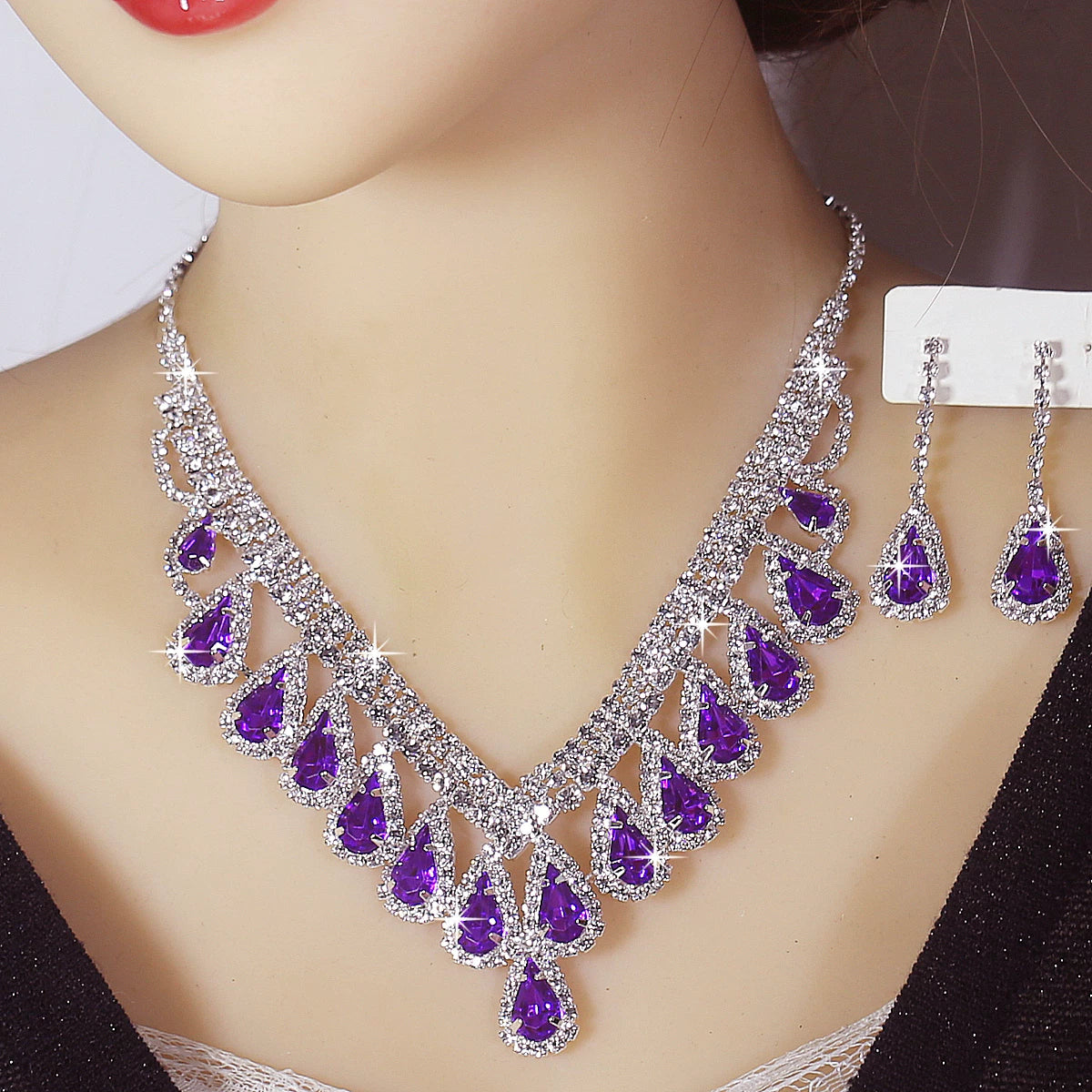 Luxury Blue Rhinestone Drop Necklace & Earrings Set – Bridal, Evening & Special Occasion Jewelry
