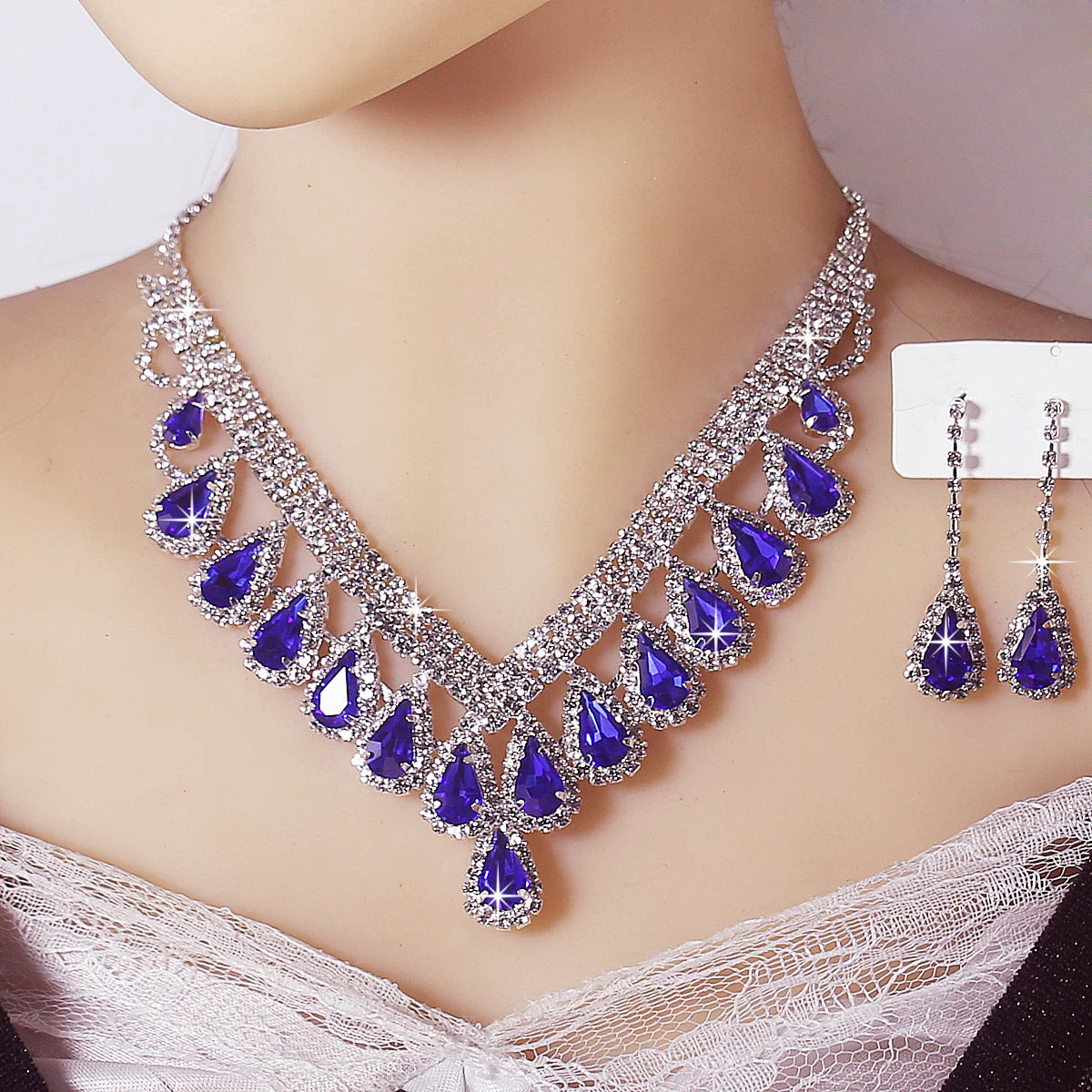 Luxury Blue Rhinestone Drop Necklace & Earrings Set – Bridal, Evening & Special Occasion Jewelry