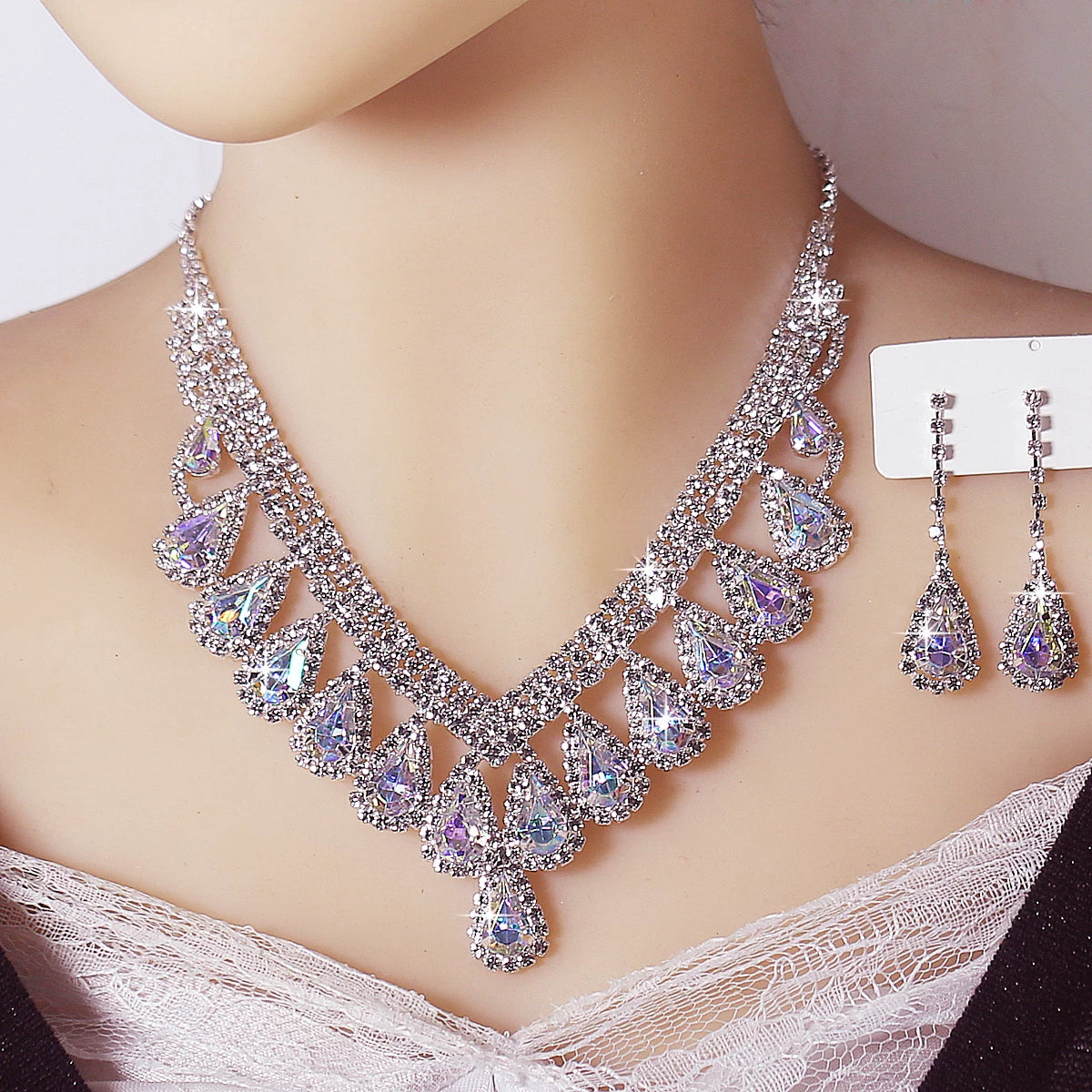 Luxury Blue Rhinestone Drop Necklace & Earrings Set – Bridal, Evening & Special Occasion Jewelry