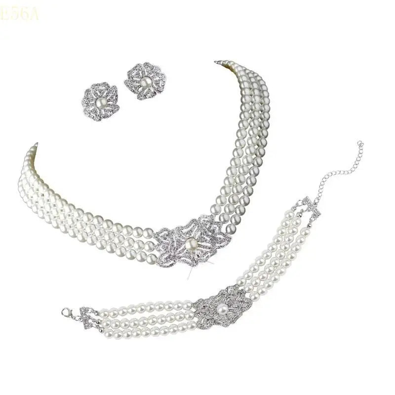 Luxury Pearl & Crystal Jewelry Set – Necklace, Bracelet & Earrings for Women | Elegant Wedding & Bridal Gift