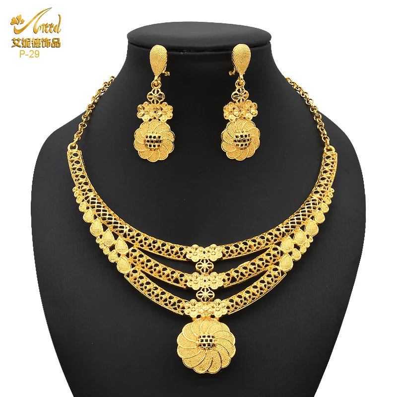 Luxury Indian Bridal Jewelry Set – 24K Gold Color Ethiopian Dubai Necklace & Earrings for Women