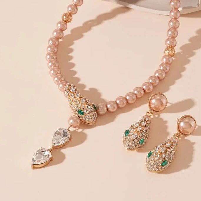 Luxury Rhinestone & Imitation Pearl Jewelry Set – Snake Chain Necklace & Drop Earrings for Women