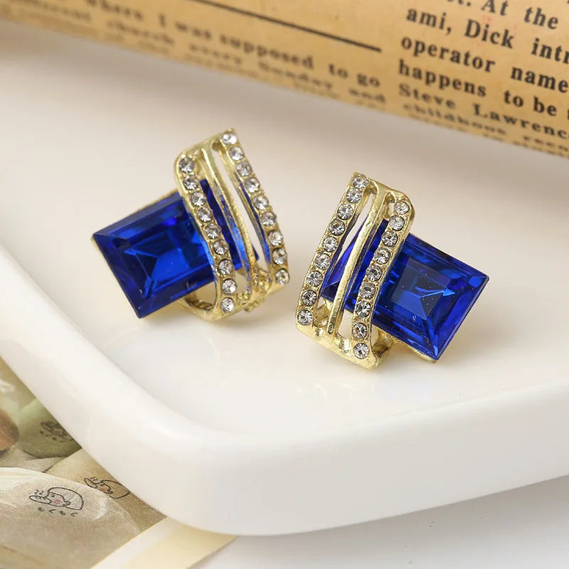 Luxury four Colors Red, Green, Black, Blue Geometric Crystal Drop Earrings for Women | Gold-Tone Statement Jewelry