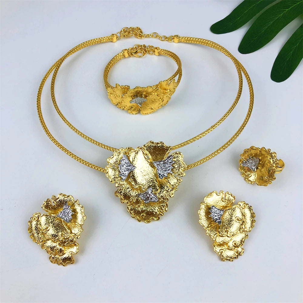 Luxury Gold Flower Jewelry Set – Necklace, Earrings & Ring
