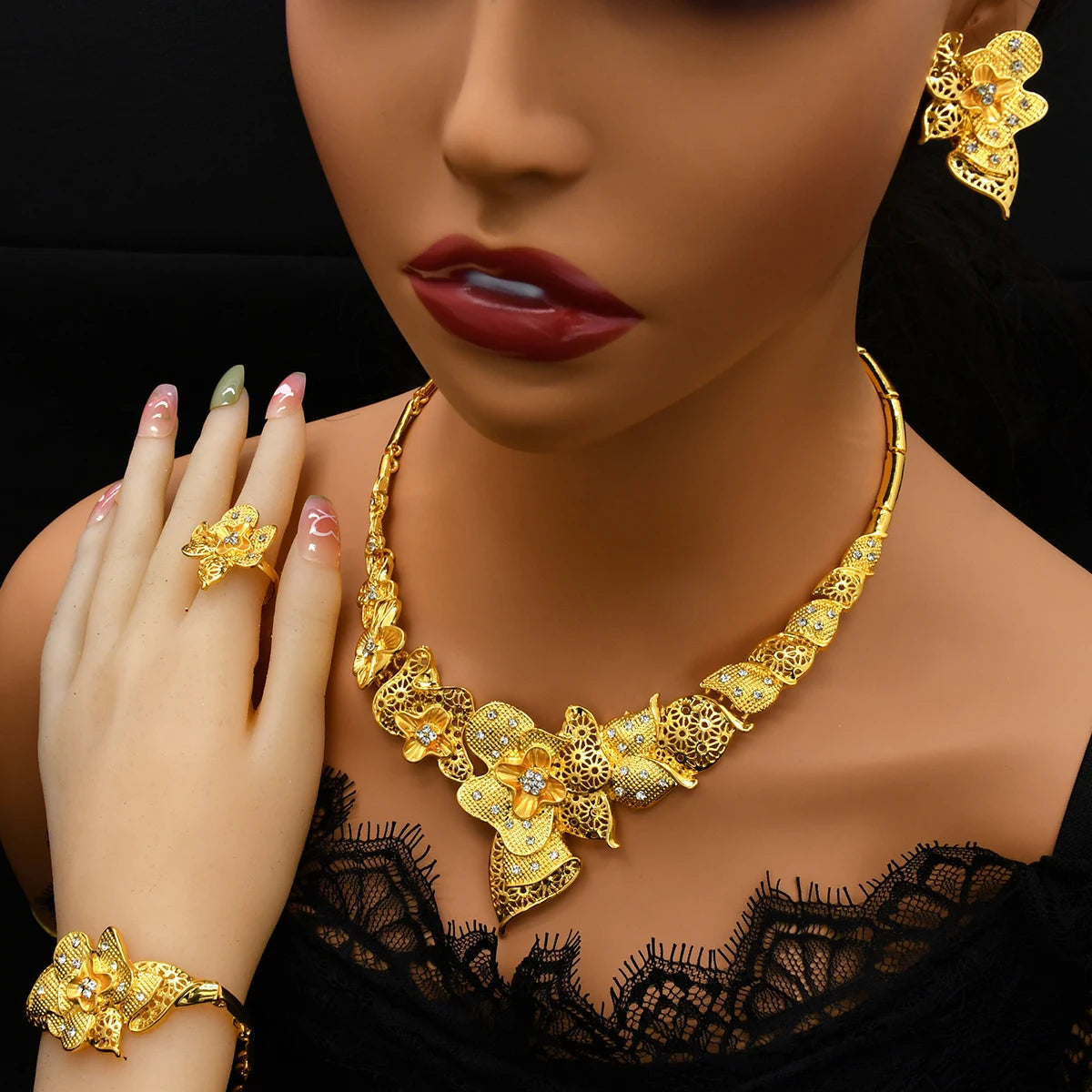 Luxury Indian Bridal Jewelry Set – 24K Gold Color Ethiopian Dubai Necklace & Earrings for Women