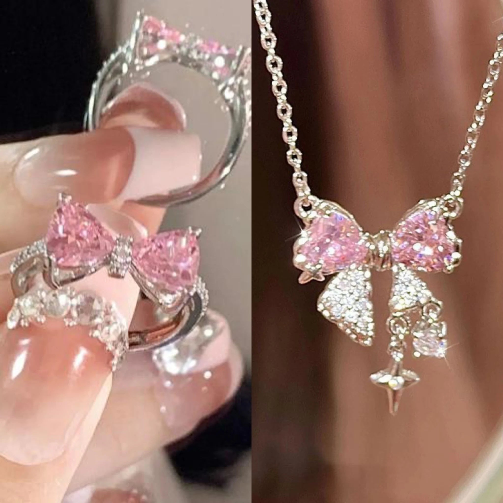 Pink Crystal Bow Necklace & Ring Set – Elegant Bowknot Jewelry Gift for Women