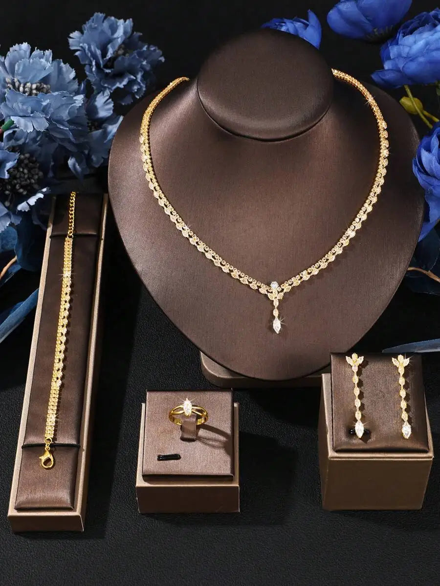 Luxury 5-Piece Zirconia Bridal Jewelry Set – Crystal Necklace, Earrings, Bracelet & Ring