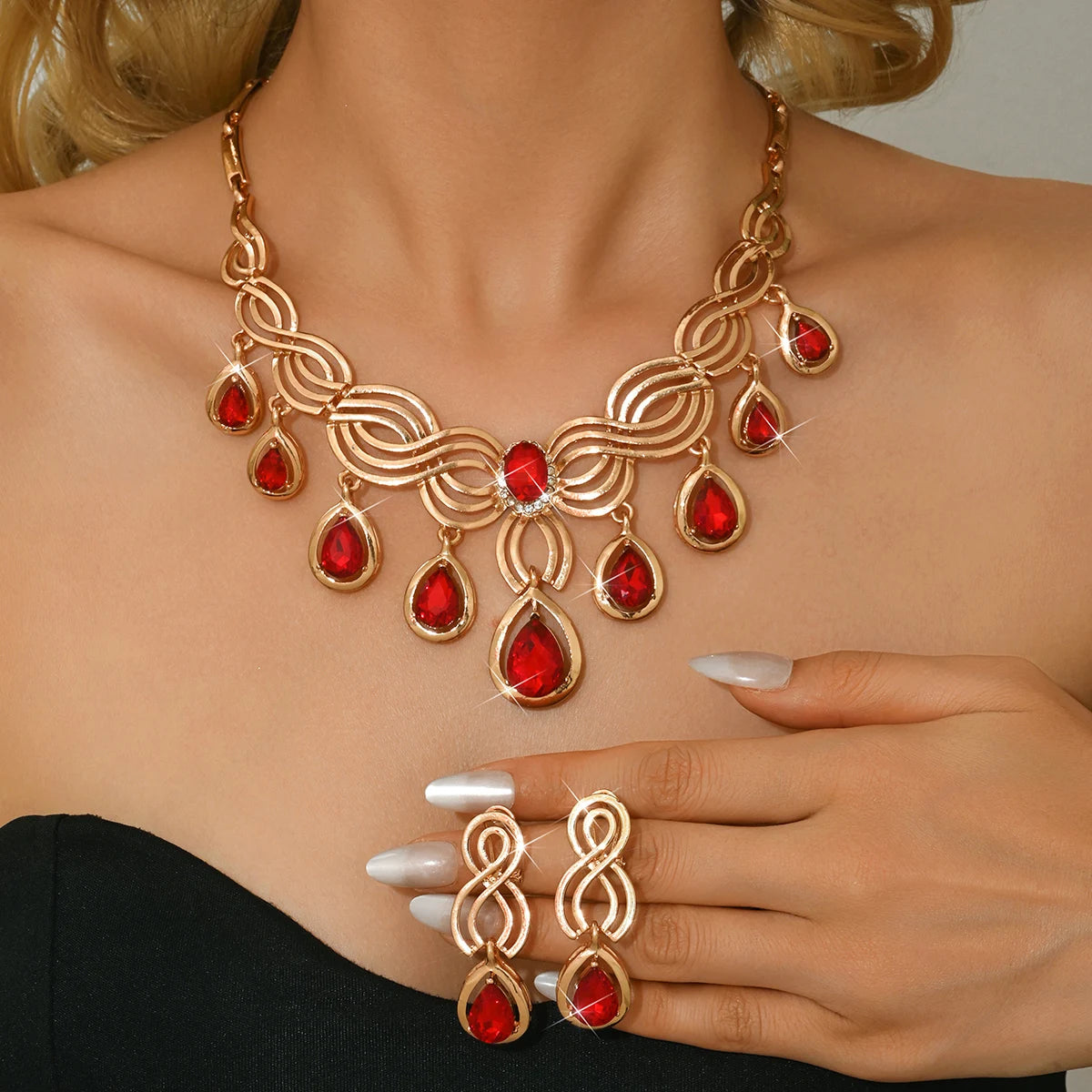 Luxury Crystal Jewelry Set | Red & Black