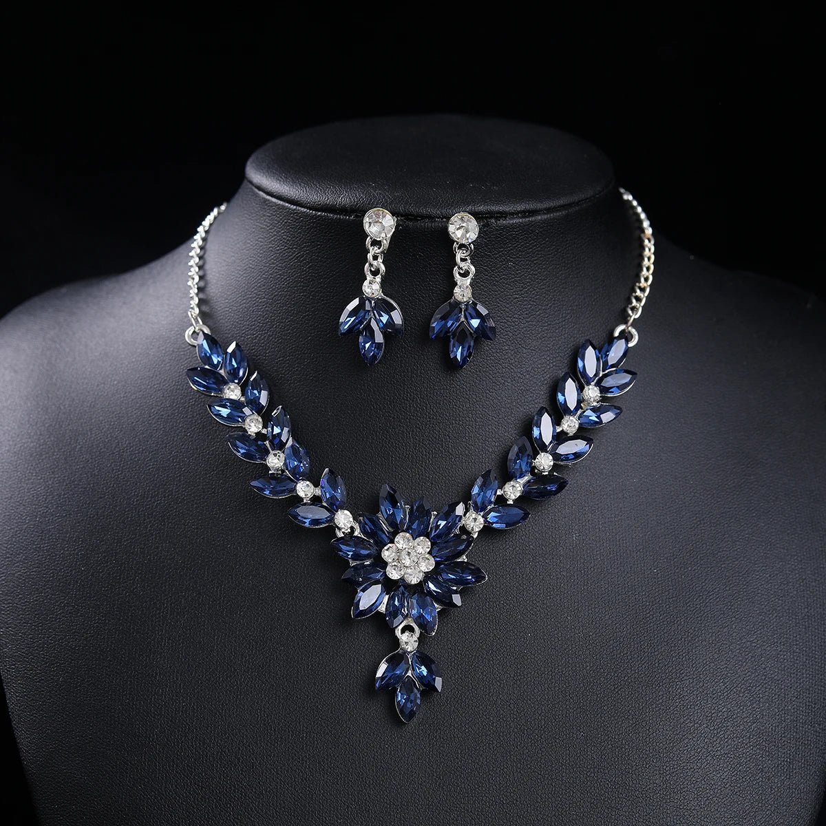 Luxury Blue/Red Sapphire Floral Jewelry Set Wedding Bridal Necklace & Drop Earrings