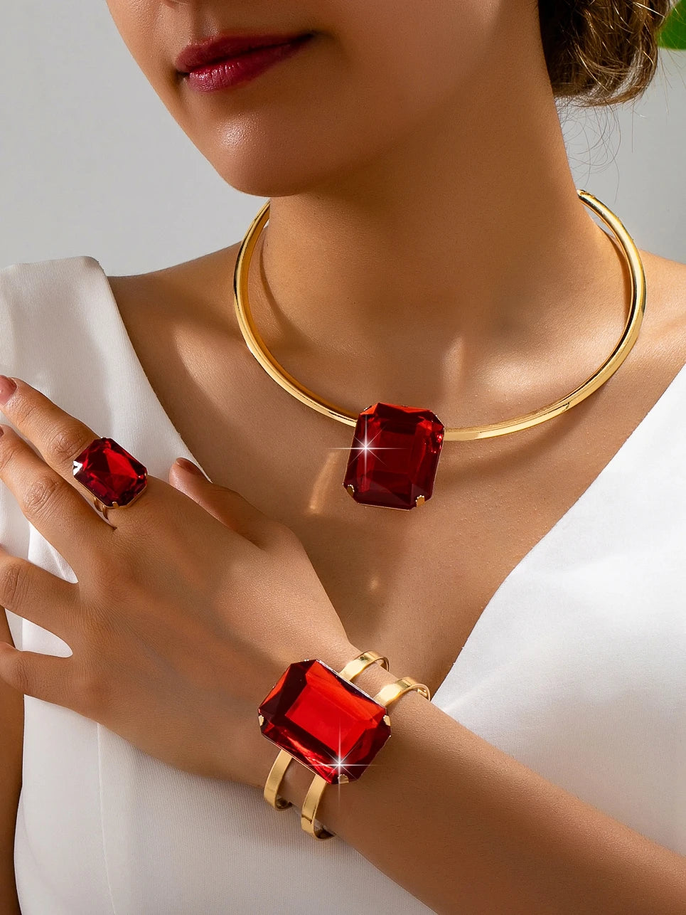 Luxury Red Gemstone Jewelry Set – Necklace, Bracelet & Ring | Elegant 3-Piece Women's Gift Set