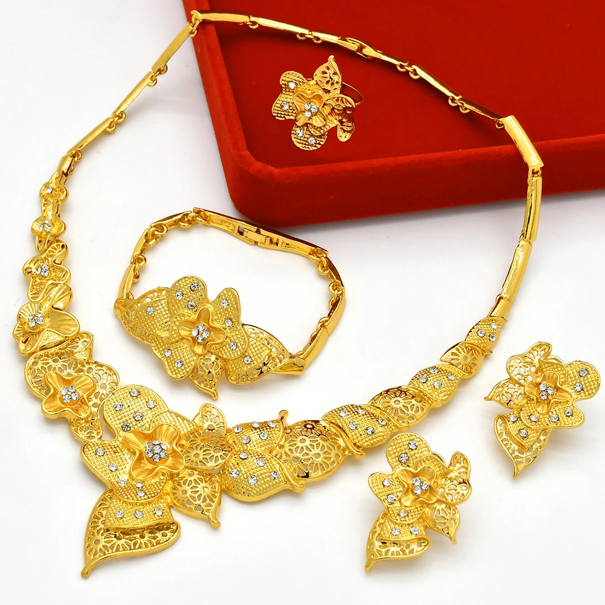 Luxury Indian Bridal Jewelry Set – 24K Gold Color Ethiopian Dubai Necklace & Earrings for Women