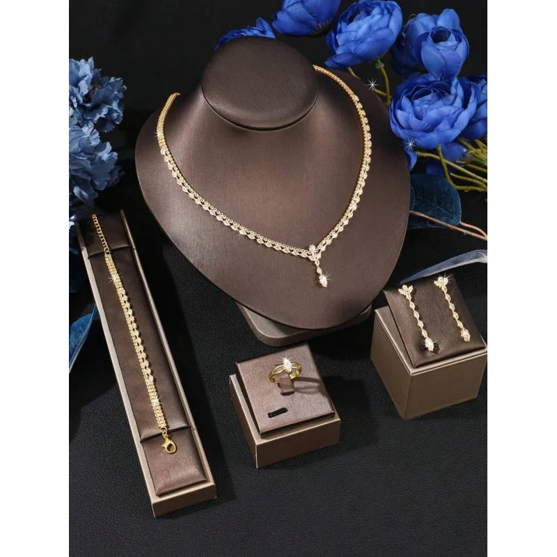 Luxury 5-Piece Zirconia Bridal Jewelry Set – Crystal Necklace, Earrings, Bracelet & Ring