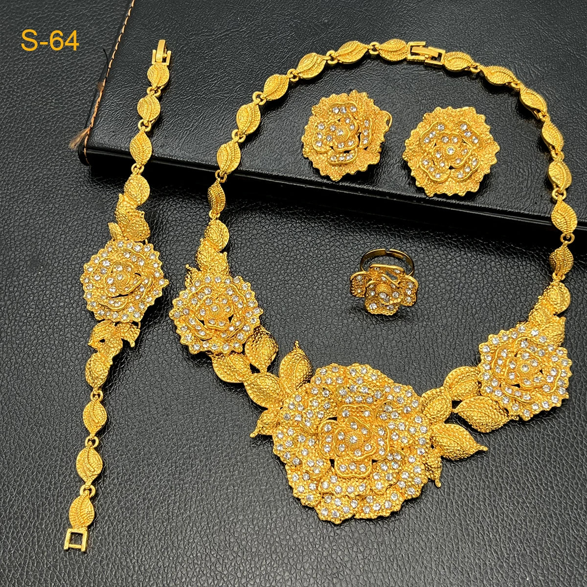 Luxury Gold-Plated Floral Jewelry Set for Women – Necklace, Earrings & Ring, 24k Gold Plated