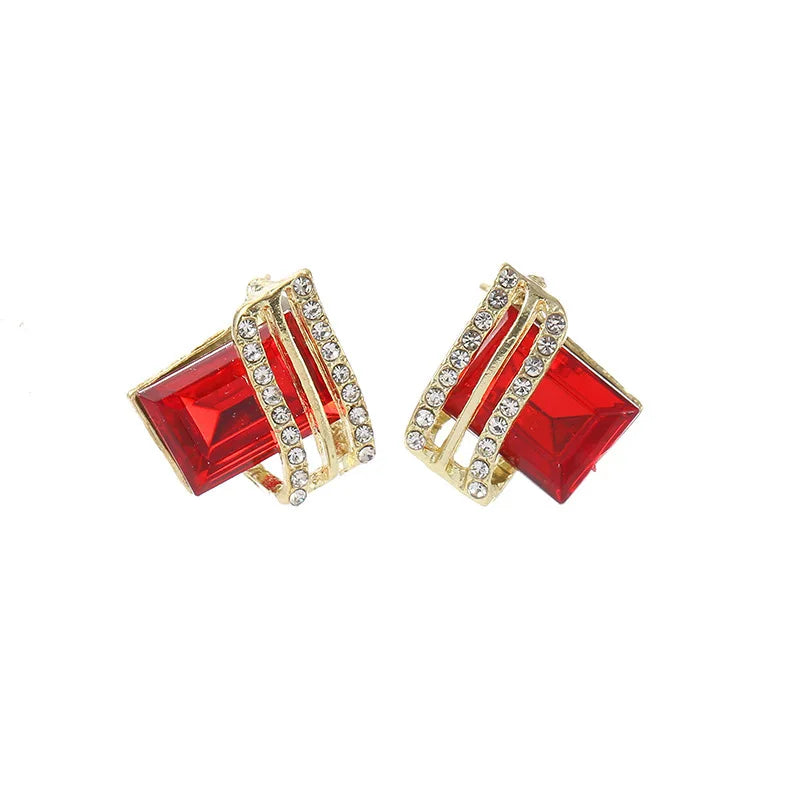 Luxury four Colors Red, Green, Black, Blue Geometric Crystal Drop Earrings for Women | Gold-Tone Statement Jewelry