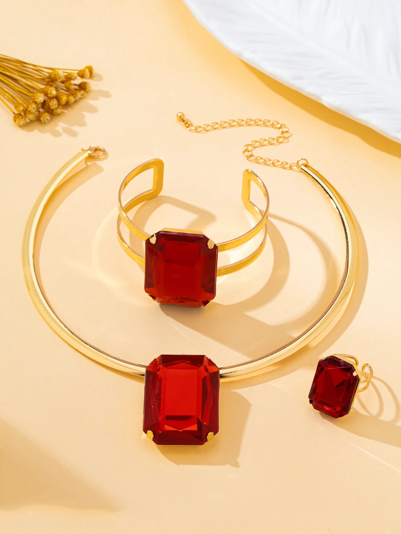 Luxury Red Gemstone Jewelry Set – Necklace, Bracelet & Ring | Elegant 3-Piece Women's Gift Set