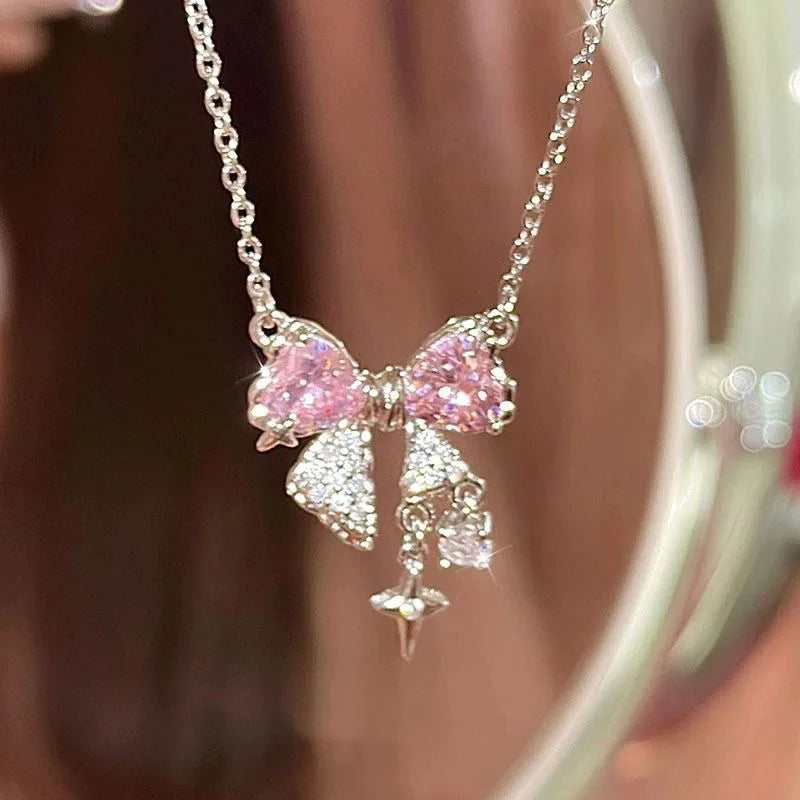Pink Crystal Bow Necklace & Ring Set – Elegant Bowknot Jewelry Gift for Women