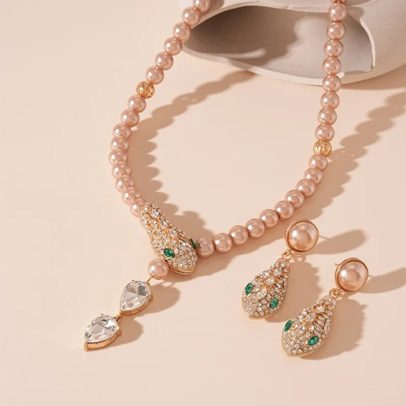 Luxury Rhinestone & Imitation Pearl Jewelry Set – Snake Chain Necklace & Drop Earrings for Women