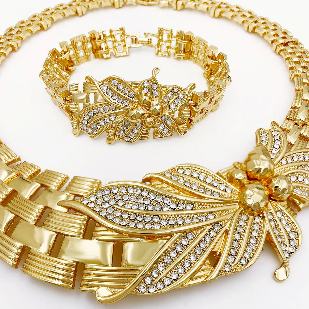 Luxury 18K Gold Plated 4-Piece Floral Jewelry Set – Choker Necklace, Bracelet, Earrings & Ring