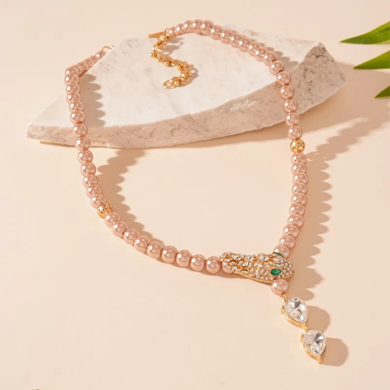 Luxury Rhinestone & Imitation Pearl Jewelry Set – Snake Chain Necklace & Drop Earrings for Women