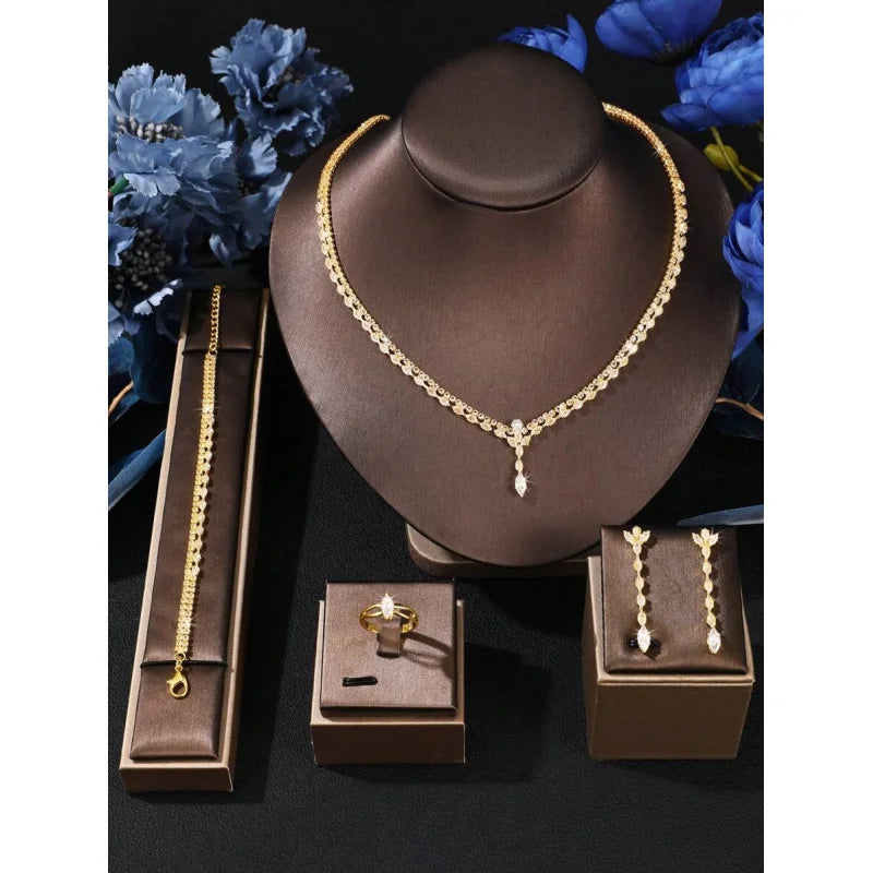 Luxury 5-Piece Zirconia Bridal Jewelry Set – Crystal Necklace, Earrings, Bracelet & Ring
