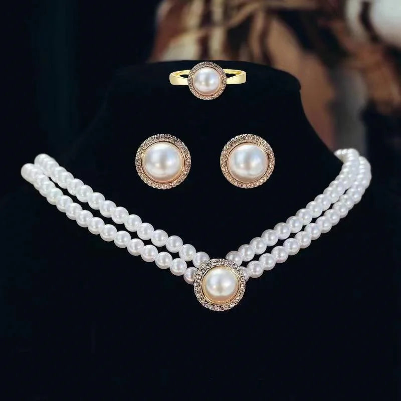 legant White Pearl Bridal Jewelry Set – Necklace, Earrings & Ring