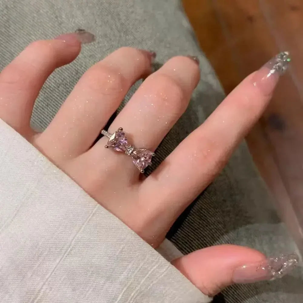 Pink Crystal Bow Necklace & Ring Set – Elegant Bowknot Jewelry Gift for Women