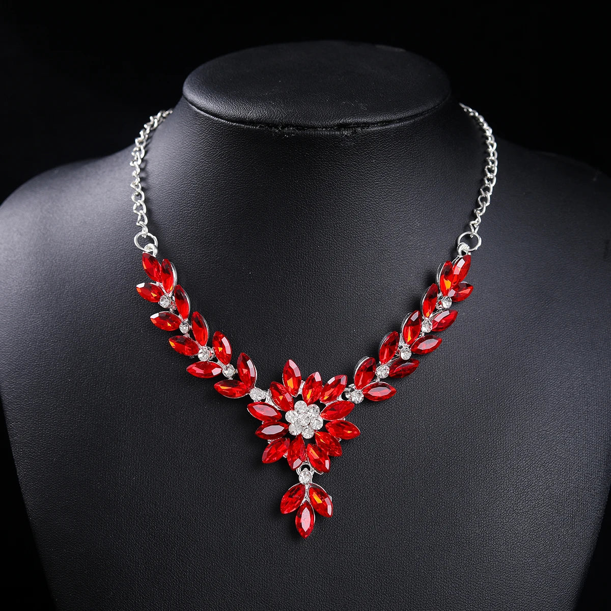 Luxury Blue/Red Sapphire Floral Jewelry Set Wedding Bridal Necklace & Drop Earrings
